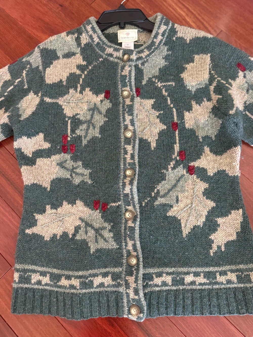 Susan Bristol Wool Sweater Jacket SZ M Cardigan Hand Embroidered Bust42 Length27